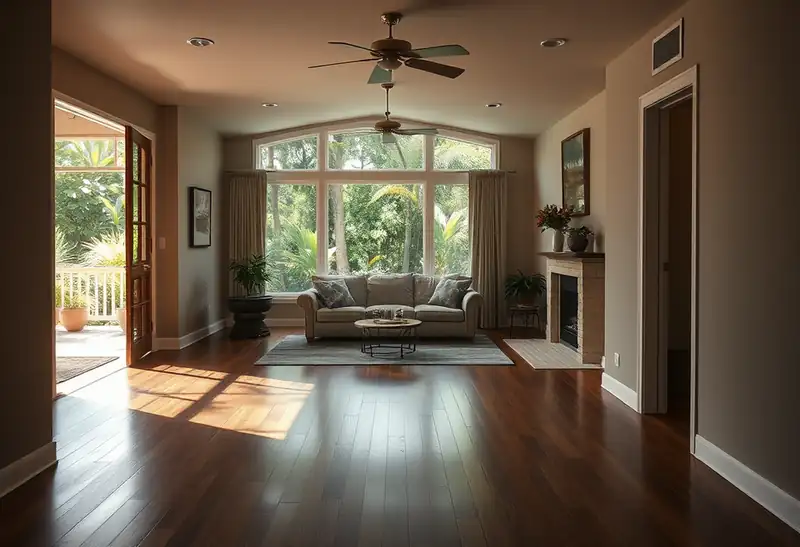 Illustration of living room with new plank flooring in a 1987-era home
