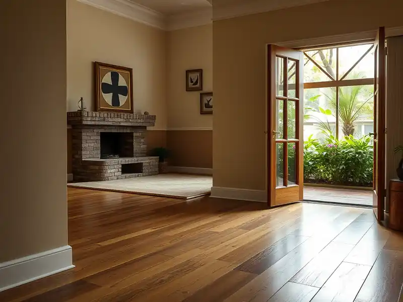 Illustration of close-up of materials and finishes of living room with new plank flooring in a 1987-era home
