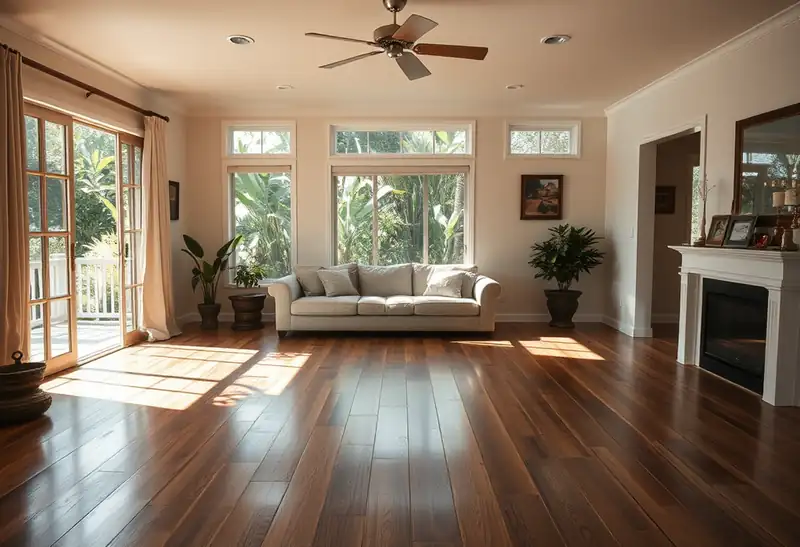 Illustration of living room with new plank flooring in a 1987-era home