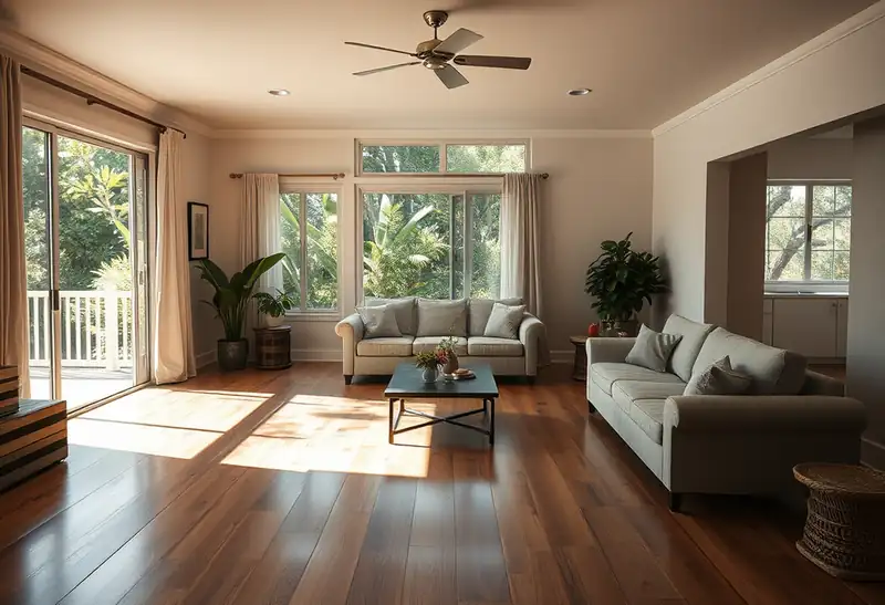 Illustration of living room with new plank flooring in a 1987-era home