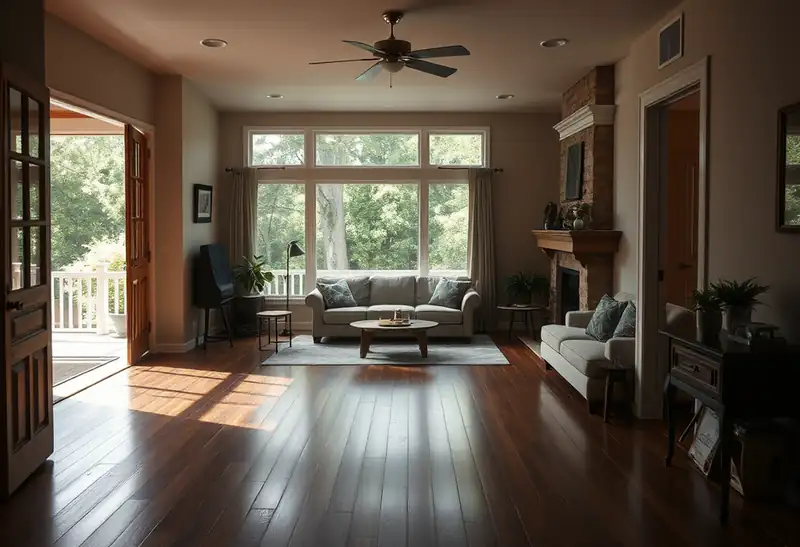 Illustration of living room with new plank flooring in a 1987-era home