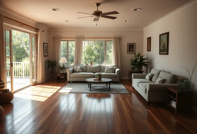 Illustration of living room with new plank flooring in a 1987-era home