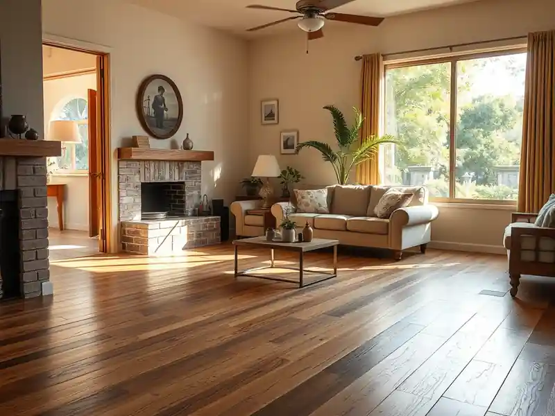 Illustration of close-up of materials and finishes of living room with new plank flooring in a 1987-era home