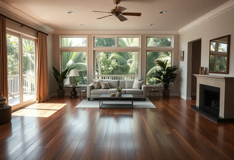 Illustration of living room with new plank flooring in a 1987-era home