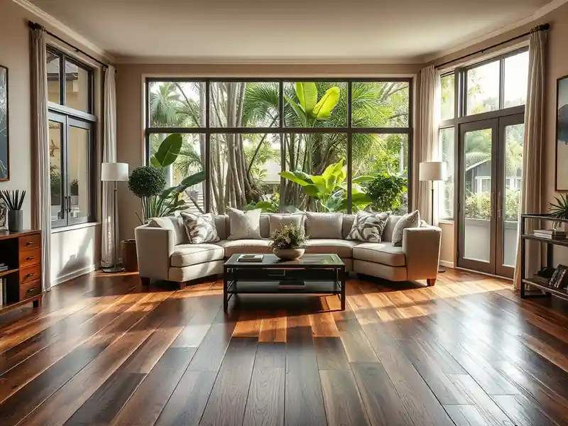 Illustration of close-up of materials and finishes of living room with new plank flooring in a 1987-era home