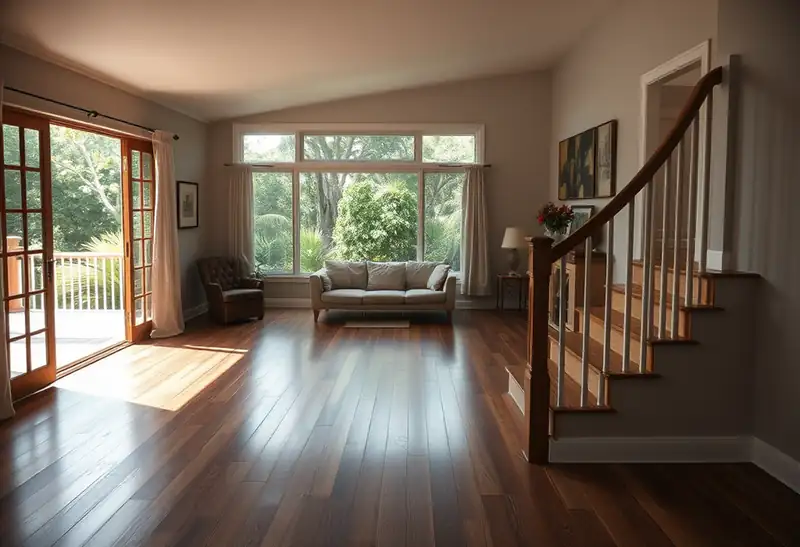 Illustration of living room with new plank flooring in a 1987-era home