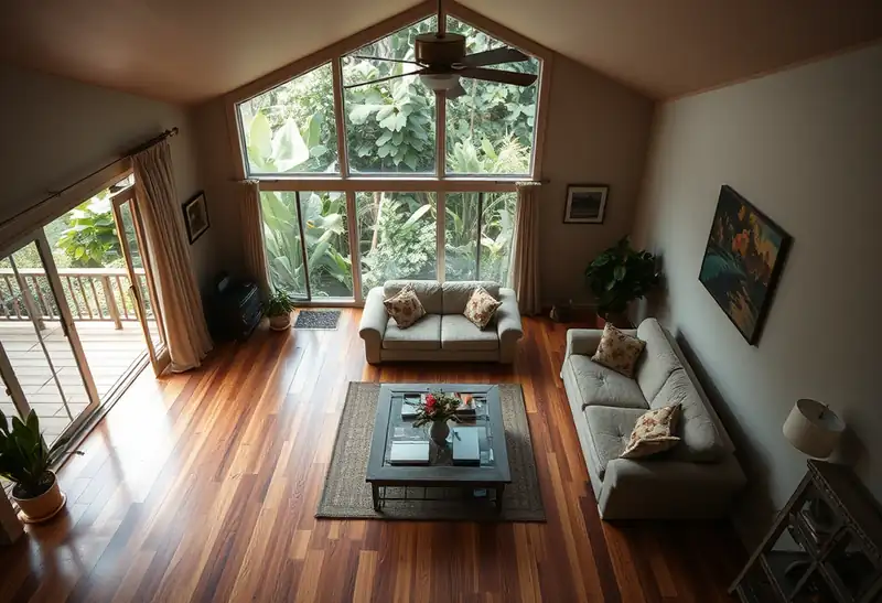 Illustration of living room with new plank flooring in a 1987-era home