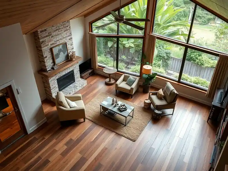 Illustration of close-up of materials and finishes of living room with new plank flooring in a 1987-era home