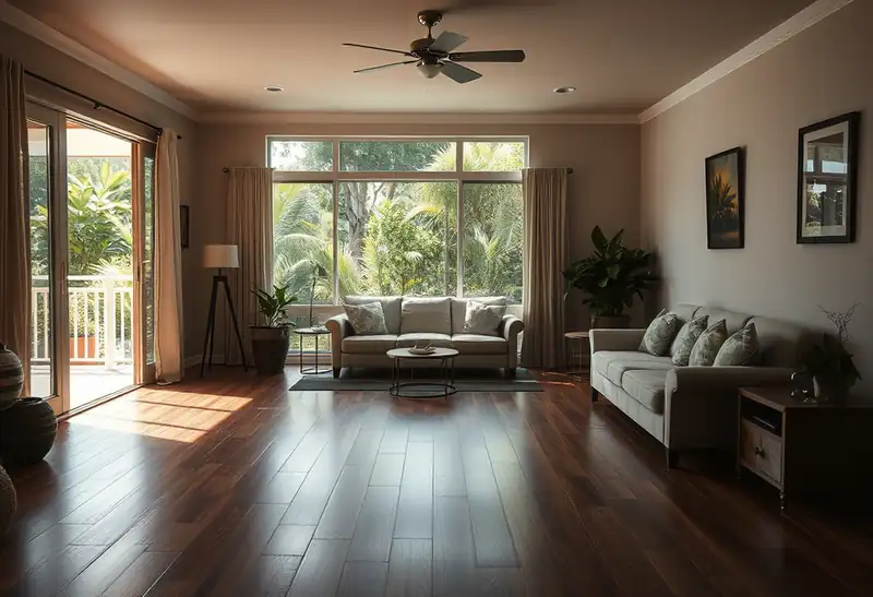 Illustration of living room with new plank flooring in a 1987-era home