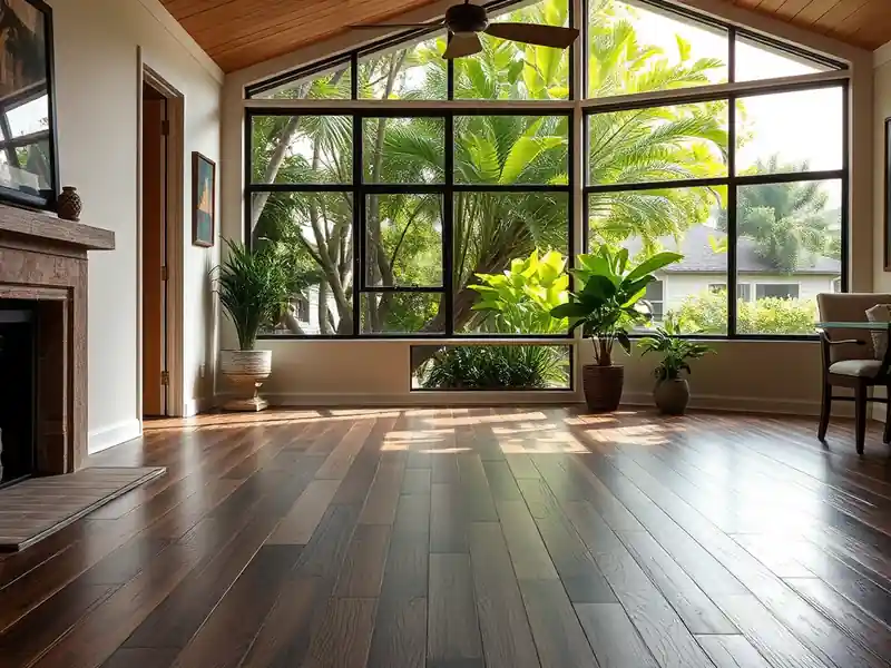 Illustration of close-up of materials and finishes of living room with new plank flooring in a 1987-era home
