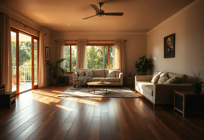 Illustration of living room with new plank flooring in a 1987-era home