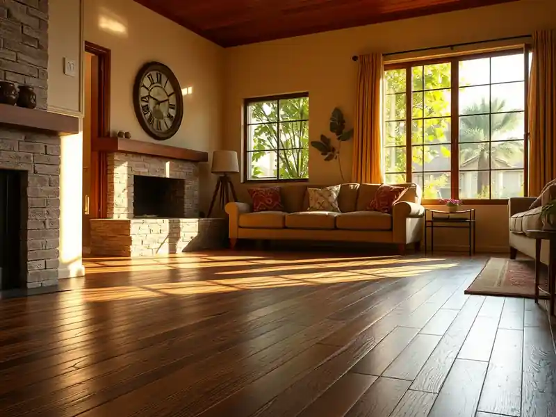 Illustration of close-up of materials and finishes of living room with new plank flooring in a 1987-era home